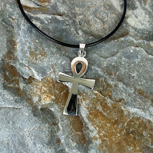 Sterling Silver Ankh Pendant on Black Cord