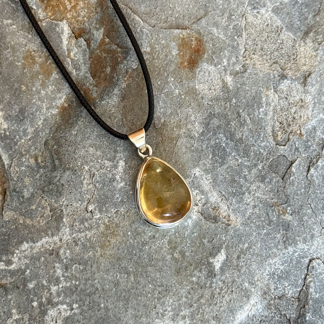 Citrine and Sterling Silver Pendant on a Black Cord