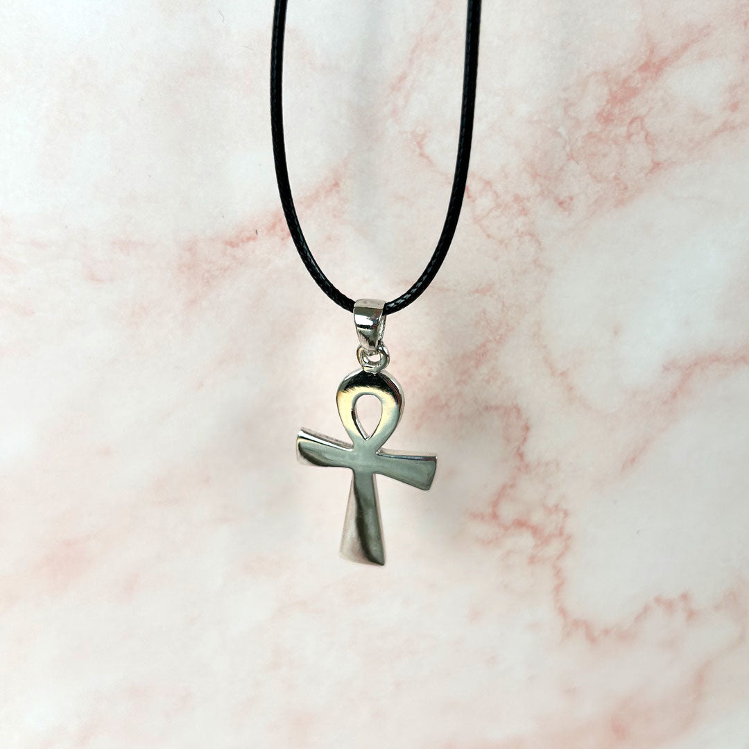 Sterling Silver Ankh Pendant on Black Cord