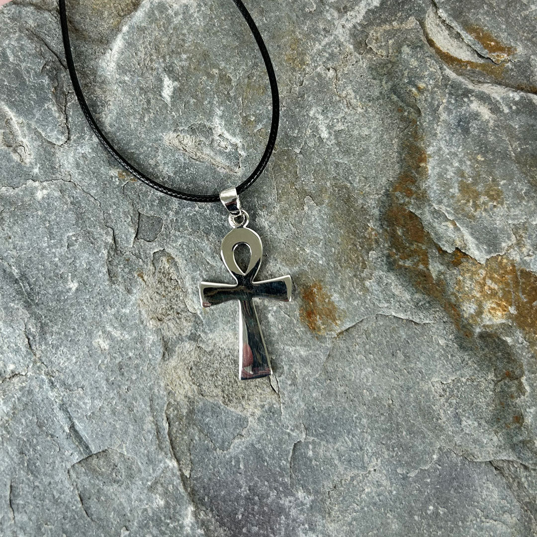 Sterling Silver Ankh Pendant on Black Cord