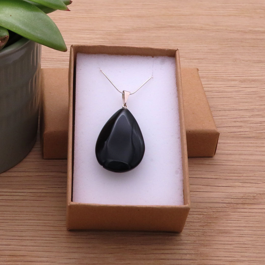 Silver Black Obsidian Drop Necklace