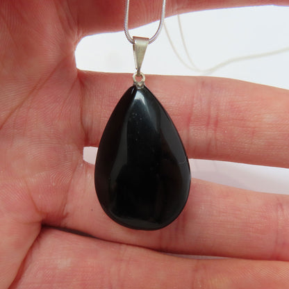 Silver Black Obsidian Drop Necklace