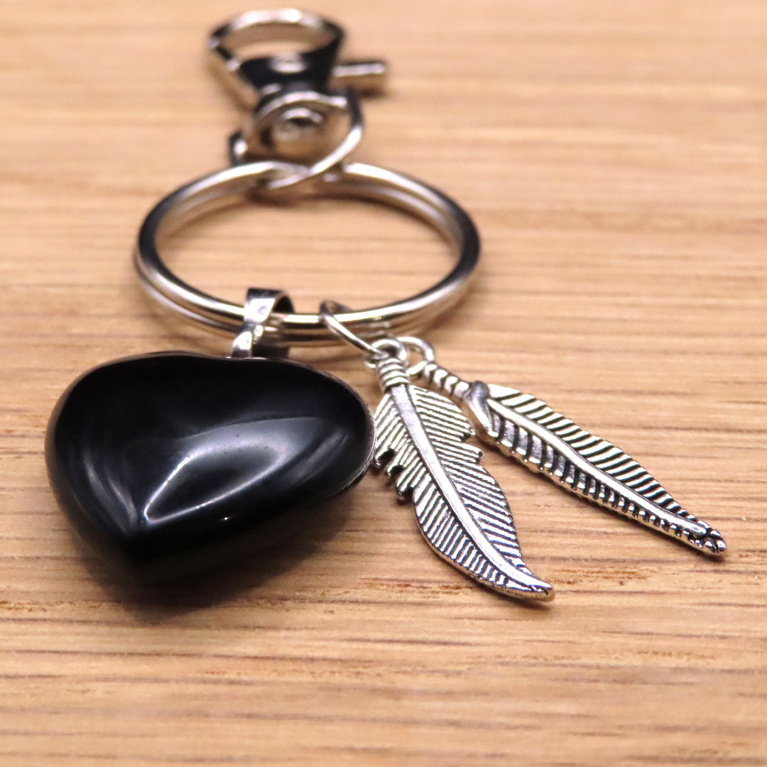 Black Obsidian and Silver Feather Keyring