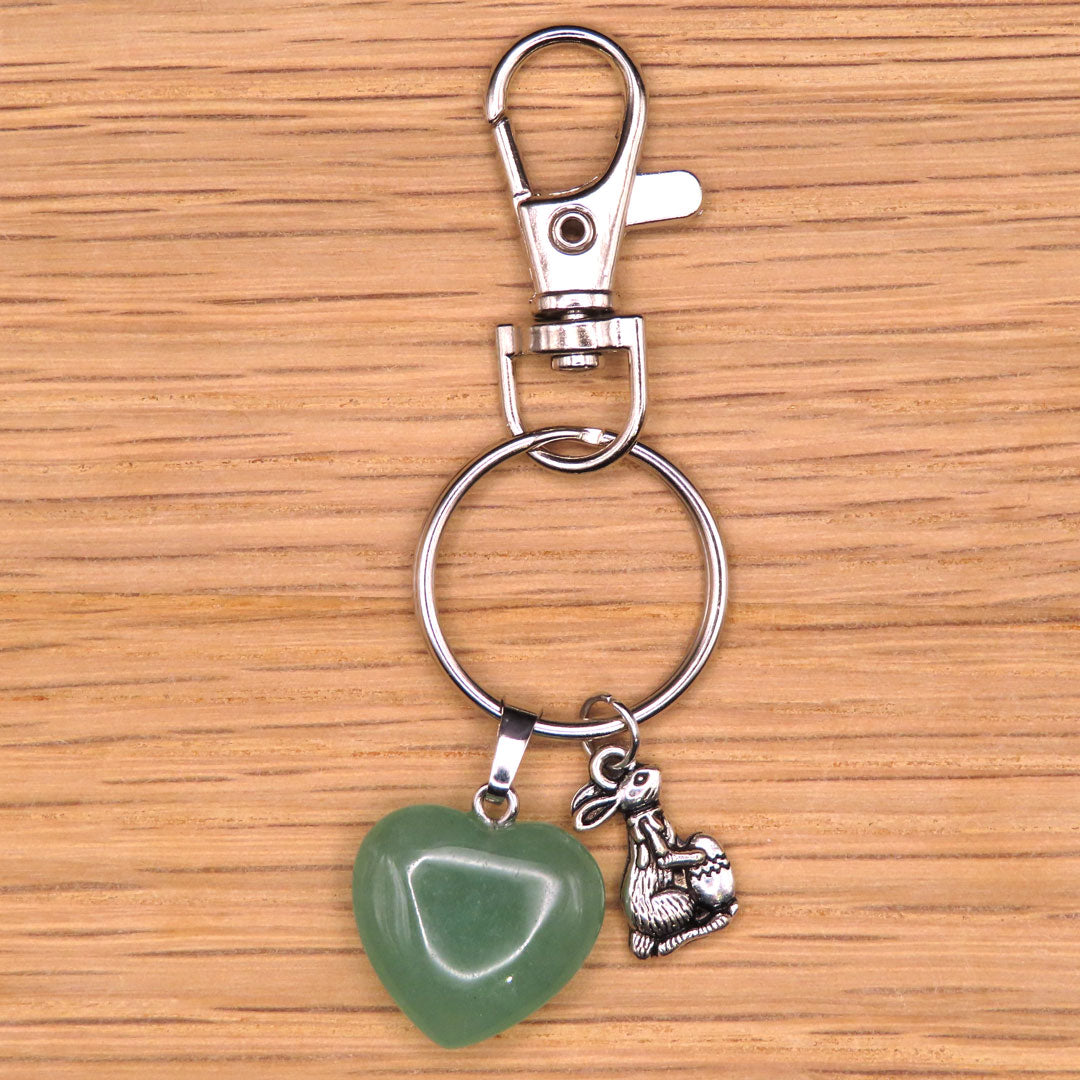 Aventurine Heart and Silver Bunny Keyring