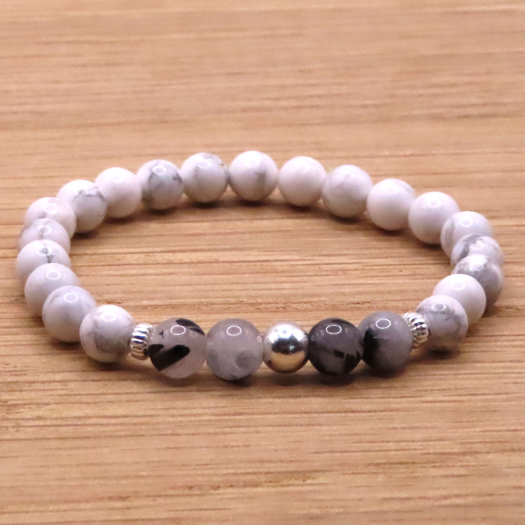 Howlite and Tourmalinated Quartz Bracelet 6mm