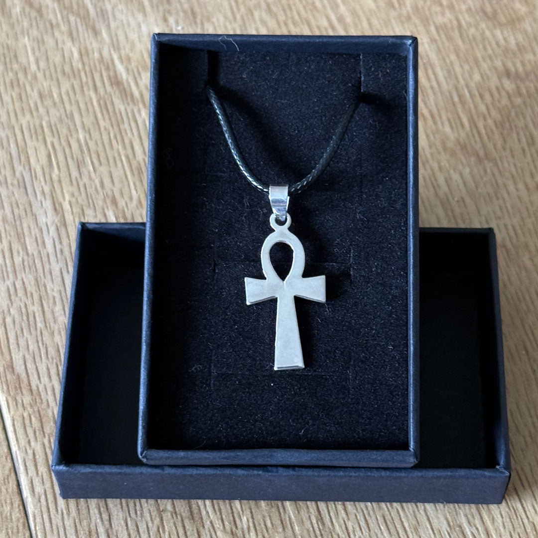 Small Sterling Silver Ankh Pendant on Black Cord