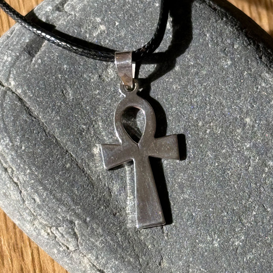 Small Sterling Silver Ankh Pendant on Black Cord