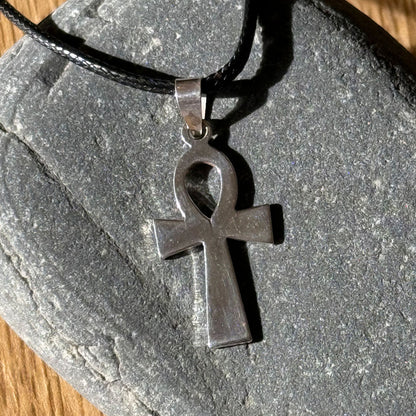 Small Sterling Silver Ankh Pendant on Black Cord