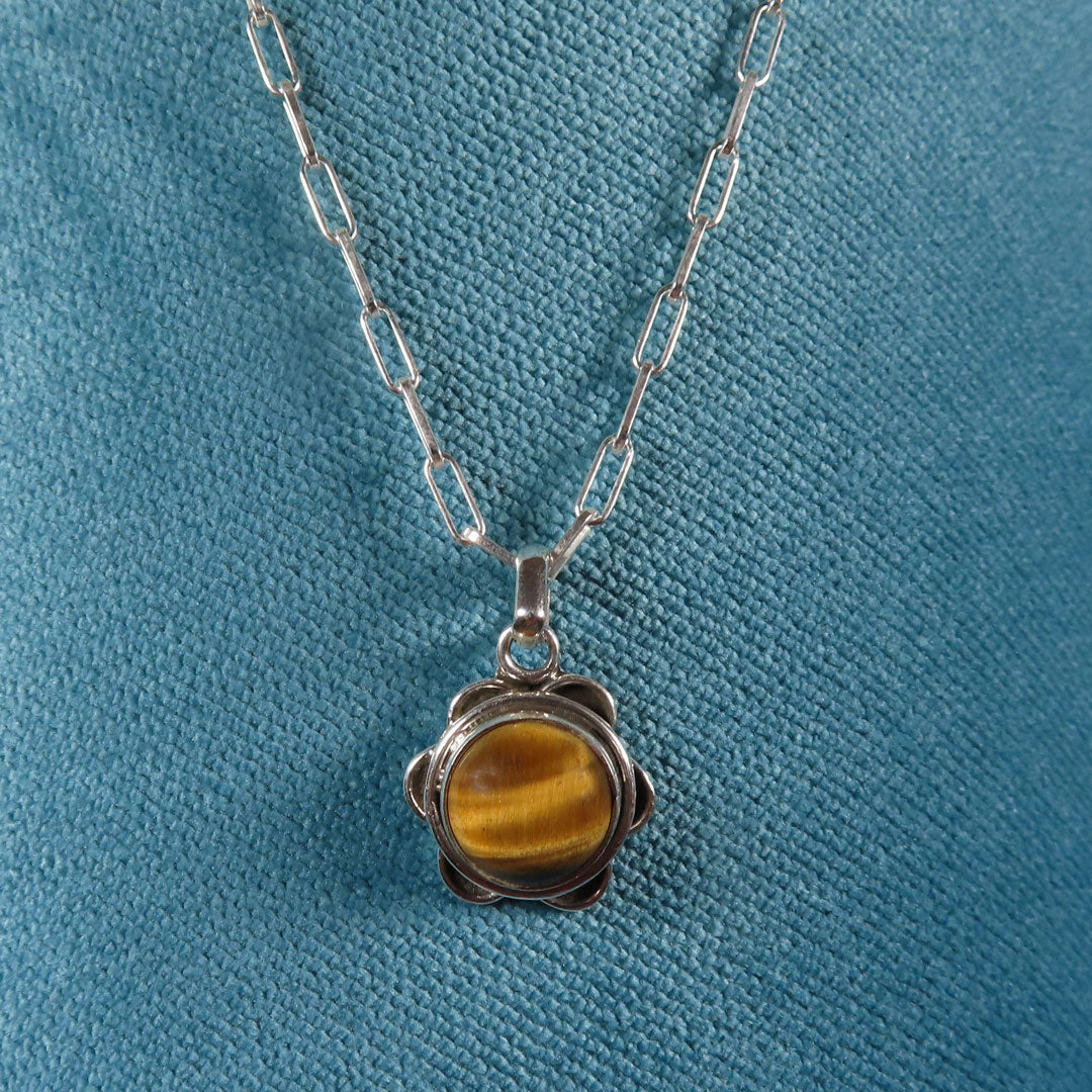 Silver Tigers Eye Flower Necklace